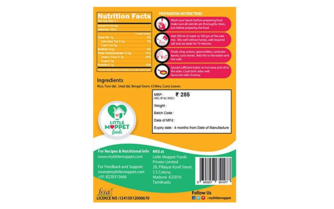 Little Moppet Foods Organic Instant Multigrain Dosa (Adai) Mix   Pack  200 grams